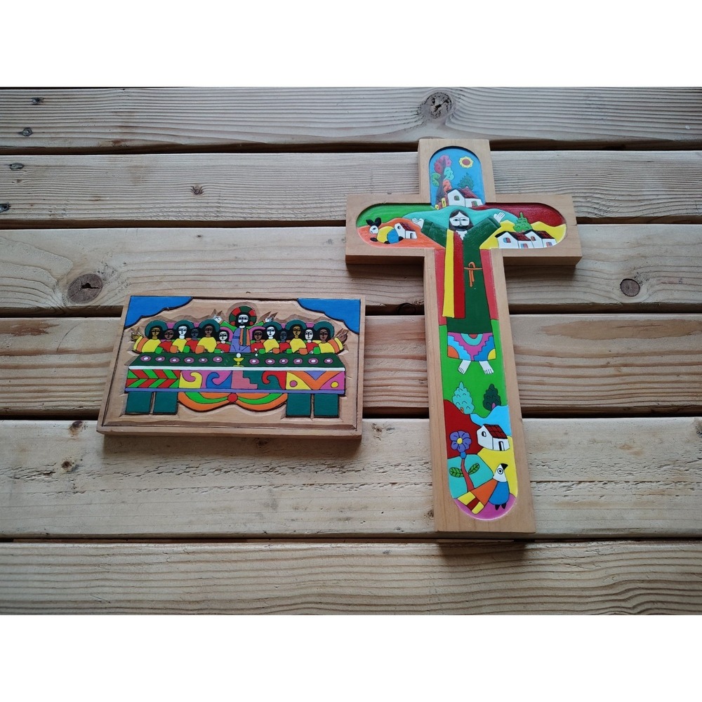 El Salvador Vintage Folk Art Jesus on Cross Hand Painted Wood Religious &Other‎ - Picture 2 of 16